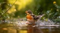 Brambling bathing in the river