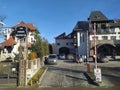 Bran, Brasov, Romania - January 1, 2023: Facade of a residential house. Pension in a mountain resort. Bran, Romania