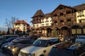 Bran, Brasov, Romania - January 1, 2023: Facade of a residential house. Pension in a mountain resort. Bran, Romania