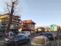 Bran, Brasov, Romania - January 1, 2023: Facade of a residential house. Pension in a mountain resort. Bran, Romania