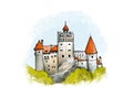 Bran castle colored drawing. Hand drawn illustration of famous fortress in Romania.