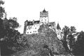 Bran castle in Romania. View up the hill. Vintage hand drawn sketch