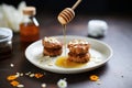 bran muffins with honey drizzle and almond slivers