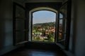 BRAN, ROMANIA: Beautiful summer landscape. View from Bran castle Royalty Free Stock Photo