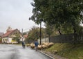 Shepherd grazes sheep on the periphery of Bran in Romania