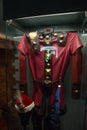 Bran, Romania: Red vintage men`s clothing. The Interior of the medieval Bran Castle, home of Vlad Tepes Dracula, Brasov,