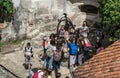 Bran Castle in Transylvania. Tourist attraction of Romania. Tourists in the courtyard of the residence of Count Dracula Royalty Free Stock Photo