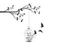 Branch with bird cage with open door and flying bird silhouettes vector, wall decals, wall decor, poster design