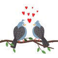 Branch birds love. Bird couple swing on twig branche under red hearts, beautiful romantic relationships, nature lovers