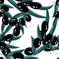 Branch with black olives for decorative design. Seamless pattern. Vector twig.