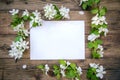 A branch of a blooming apple tree with white flowers and a sheet of paper on a wooden background, with a copy space Royalty Free Stock Photo