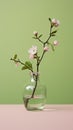branch with blossoming flowers in a glass vase, concept of the arrival of spring, vertical photo