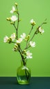 branch with blossoming flowers in a glass vase, concept of the arrival of spring, vertical photo