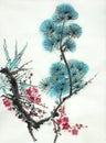 Branch of flowering plum bamboo and pine