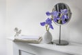 A branch of blue iris in a white fluted vase Royalty Free Stock Photo