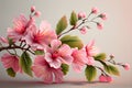 Spring nature, beautiful photorealistic illustration of wild sakura branch with pink flowers on turquoise light