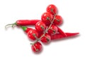 Branch of cherry tomatoes and two red chili peppers Royalty Free Stock Photo