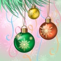 A branch of a Christmas tree with needles and toys on New Years Eve. Royalty Free Stock Photo