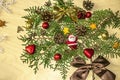 Branch of cypress with a toy plush Santa Claus frost,chocolate balls and hearts Royalty Free Stock Photo