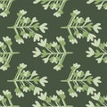 Branch figures botanic seamless pattern. Dark green background with pastel green elements