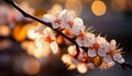 Branch flowering tree against background of dawn or sunset rays. Cherry or apricot blossoms