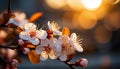 Branch flowering tree against background of dawn or sunset rays. Cherry or apricot blossoms
