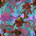 Branch with flowers - Gladiolus. Watercolor background. Abstract wallpaper with floral motifs. Seamless pattern. Wallpaper.