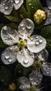 Branch of fresh apple tree blossom, dorned with glistening droplets of water. Vertical wallpaper background,. Royalty Free Stock Photo