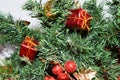 A branch of a green New Year tree decorated with red, small gifts, toys, golden leaves and balls Royalty Free Stock Photo