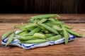 A branch of green peas with pods on a wooden table close-up, harvest from the garden Royalty Free Stock Photo