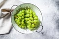 A branch of green ripe grapes in a colander. White background. Top view Royalty Free Stock Photo