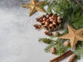 Branch of green spruce, various spice, big golden stars and nuts on a gray background.