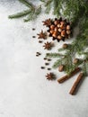 Branch of green spruce, various spice, big golden stars and nuts on a gray background.