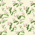 Branch honeysuckle. Seamless pattern. Collage of flowers and leaves. Watercolor.