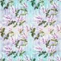 Branch honeysuckle. Seamless pattern. Collage of flowers and leaves. Watercolor.