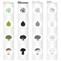 Branch with leaves, leaf, tree in the forest, mushroom. Forest set collection icons in cartoon black monochrome outline Royalty Free Stock Photo