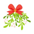 Branch of mistletoe with berries and red bow. A bouquet of Christmas.