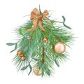 Branch of mistletoe and pine digital illustration watercolor style isolated on white. Christmas decorations, bells, ball Royalty Free Stock Photo
