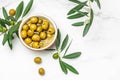 Branch with olives and a bottle of olive oil on white background. top view. place for text Royalty Free Stock Photo