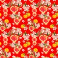 Branch of plum blossom with red paper lanterns, holiday mandarin fruits. Chinese new year seamless pattern. Watercolor