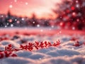 branch with red leaves winter landscape background with falling snow and glittering christmas lights blur