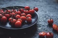 Branch of ripe cherry tomatoes on black plate, close up. Selective focus Royalty Free Stock Photo