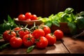 Branch of ripe tomatoes on table with greenery. Generative AI Royalty Free Stock Photo