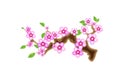 Branch sakura, illustration cherry blossom, with flowers in anime style. Unorthodox East Asian decoration tradition in Royalty Free Stock Photo