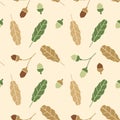 Branch.Seamless pattern with acorns and autumn oak leaves. Perfect for wallpaper, gift paper, pattern fills, web page background, Royalty Free Stock Photo