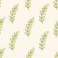 Cute floral seamless pattern with thin line green doodle branches and leaves on beige Royalty Free Stock Photo