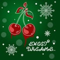 Branch of sweet cherry berries with leaves on a winter background Royalty Free Stock Photo