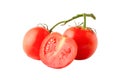 Branch of tomatoes and one cutaway isolated on a white background, full depth of field, no shadow, poison for design