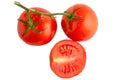 Branch of tomatoes and one cutaway isolated on a white background, full depth of field, no shadow, poison for design, top view