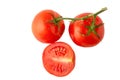 Branch of tomatoes and one cutaway isolated on a white background, full depth of field, no shadow, poison for design, top view